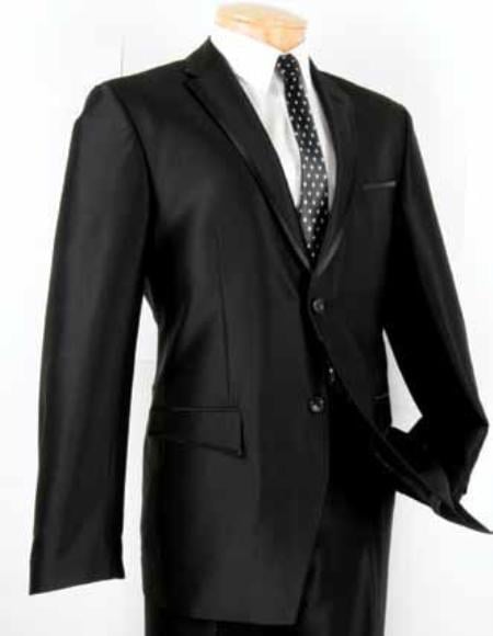 Mens Slim Fit Suit Single Breasted 2-Button Suit (Side Vented Jacket + Pants) Two Button Shark Skin Finish Contrast Trim Lapel in Black