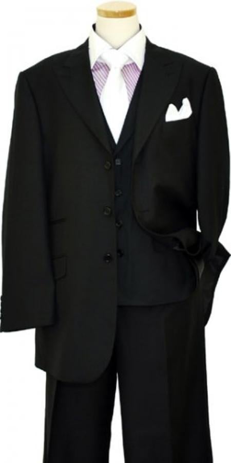 3 Button Solid Black Wool Silk Vested Suit Mens