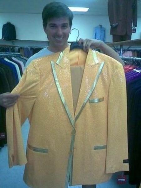 Shiny Flashy Metallic Yellow Gold Peak Lapel Tuxedo Suit Mens