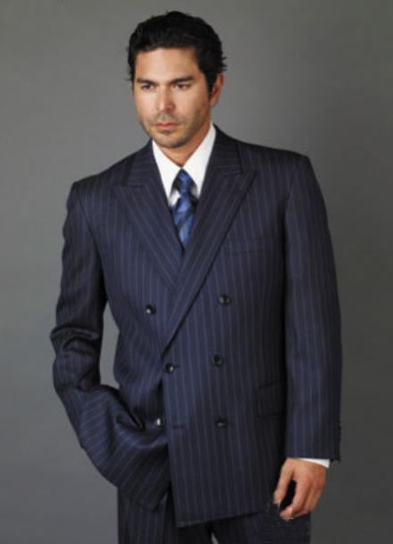 Mensusa Products Navy Suit With Smooth Stripe Full Canvanced Poly~Rayon Wool Feel Pleated Pants