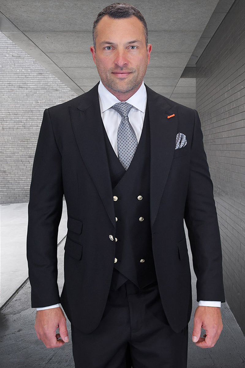 Men's Designer Wool Vested One Button Peak Lapel Suit in Black with Gold Buttons Modern Fit