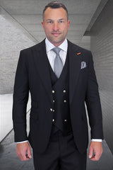 Men's Designer Wool Vested One Button Peak Lapel Suit in Black with Gold Buttons Modern Fit