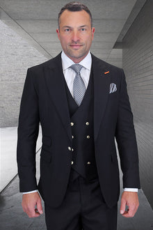 Men's Designer Wool Vested One Button Peak Lapel Suit in Black with Gold Buttons