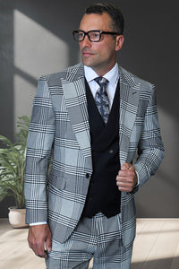 Men's Designer One Button Peak Lapel Italian Wool Suit with Double Breasted Vest in Black & White Houndstooth Plaid