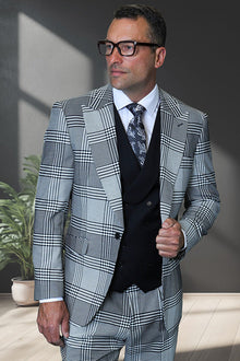Men's Designer One Button Peak Lapel Italian Wool Suit with Double Breasted Vest in Black & White Houndstooth Plaid