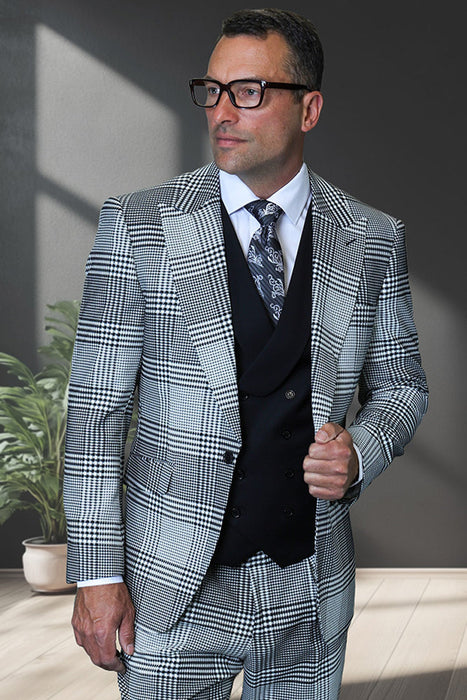 Men's Designer One Button Peak Lapel Italian Wool Suit with Double Breasted Vest in Black & White Houndstooth Plaid