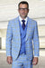 Men's Designer One Button Peak Lapel Italian Wool Suit with Double Breasted Vest in Steel Blue Plaid