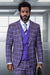 Men's Designer One Button Peak Lapel Italian Wool Suit with Double Breasted Vest in Purple Plaid