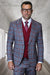 Men's Designer One Button Peak Lapel Italian Wool Suit with Double Breasted Vest in Grey Plaid