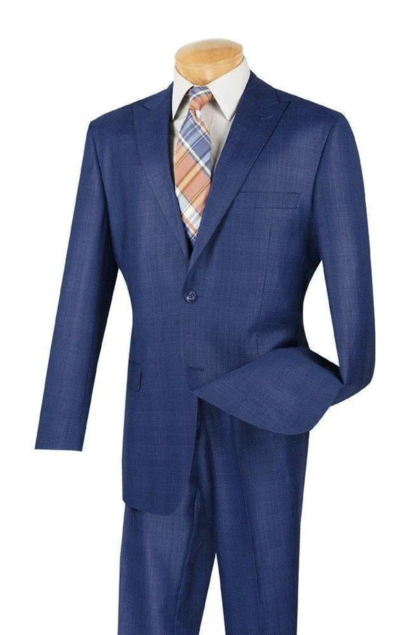 Pompey Collection - Men's Glen Plaid Dress Suit 2 Piece Regular Fit in Blue Modern Fit