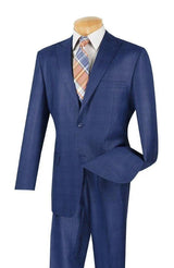 Pompey Collection - Men's Glen Plaid Dress Suit 2 Piece Regular Fit in Blue Modern Fit