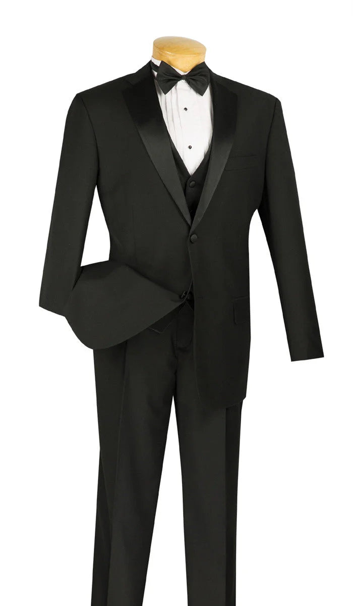 Santorini Collection - Regular Fit Black Tuxedo 4 Piece with Vest Bow Tie Adjustable Waistband