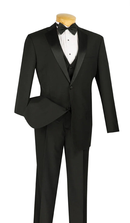Santorini Collection - Regular Fit Black Tuxedo 4 Piece with Vest Bow Tie Adjustable Waistband