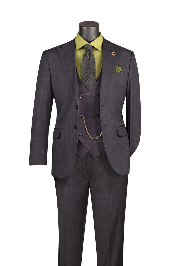 Men's Black Antique Bronze Windowpane Three Piece Suit