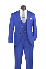 Men's Classic Blue Windowpane Three Piece Suit