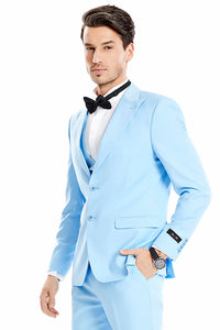 Graduation Suit - Men's Two Button Vested Peak Lapel Pastel Wedding & Prom Suit in Sky Blue