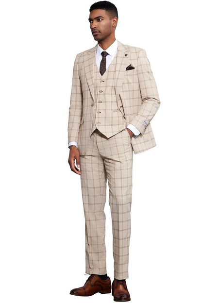 Men's Stacy Adams One Button Peak Lapel Vested Windowpane Plaid Suit in Tan - Image 3
