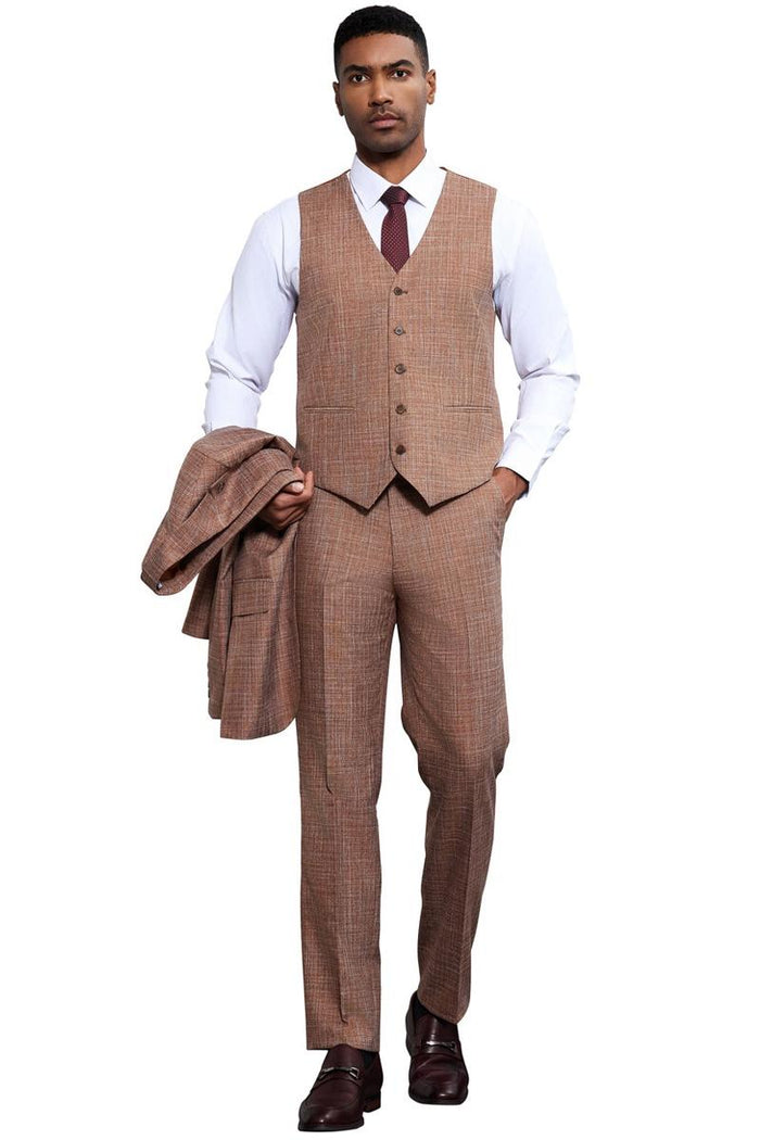 Men's Stacy Adams Vested Sharkskin Weave Pattern Suit in Light Rust - Image 4
