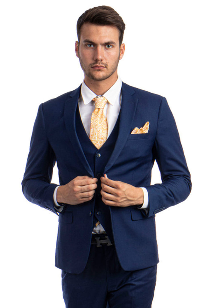 Graduation Suit - Men's Two Button Slim Fit Vested Solid Basic Color Suit in Indigo Blue