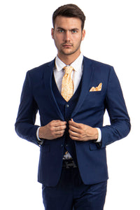 Graduation Suit - Men's Two Button Slim Fit Vested Solid Basic Color Suit in Indigo Blue