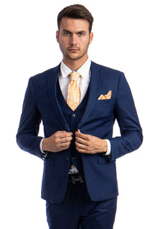 Graduation Suit - Men's Two Button Slim Fit Vested Solid Basic Color Suit in Indigo Blue