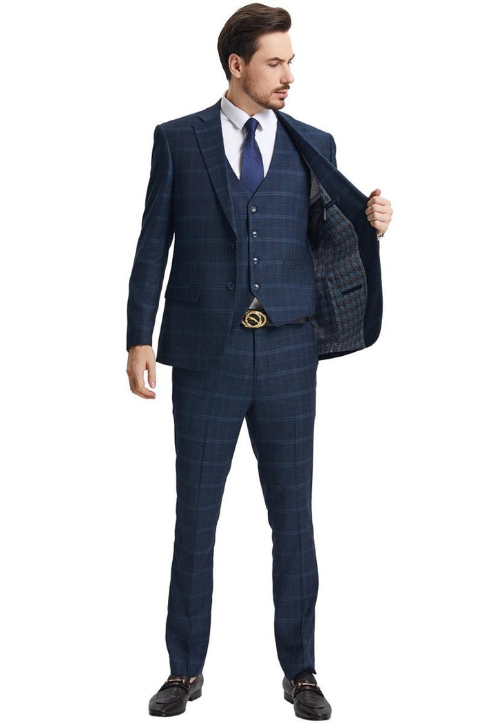 Men's Stacy Adams Vested Modern Fit Windowpane Plaid Suit in Navy Blue - Image 4