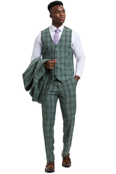 Men's Stacy Adams Two Button Vested Glen Plaid Check Suit in Light Olive Green - Image 3