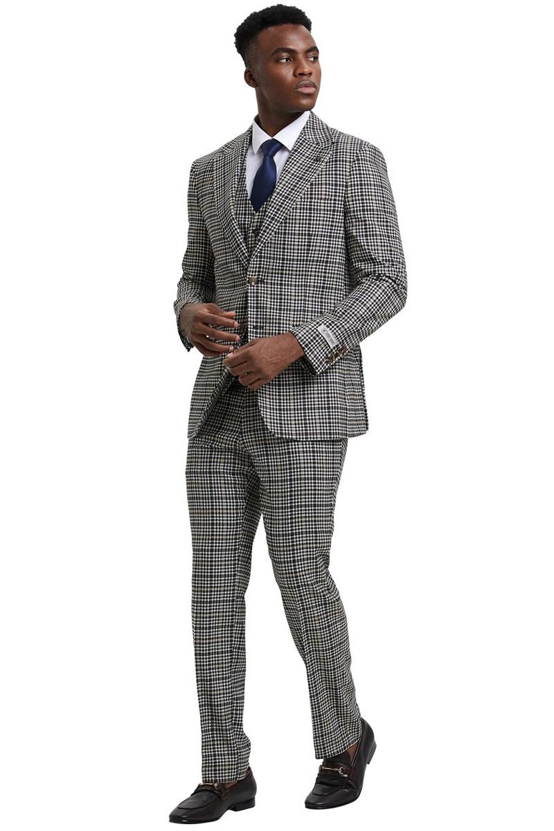 Men's Stacy Adams Vested Modern Fit Houndstooth Glen Plaid Suit in Grey & Green - Image 3