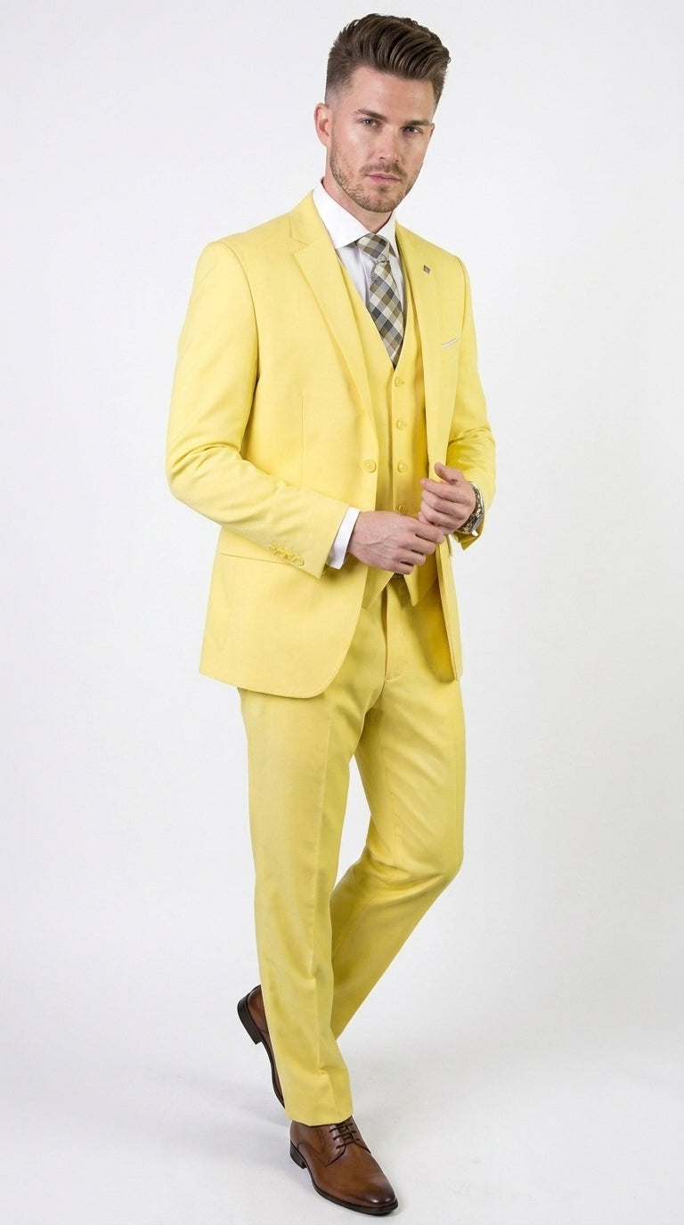 Men’s Neon Yellow Wool Suit – Bright Yellow 3-Piece Wedding, Prom & Formal Suit with Vest By Statement