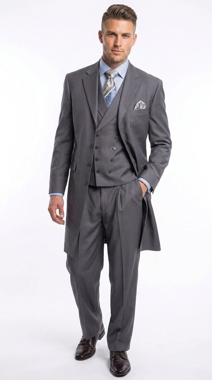 Men’s Grey 4-Button Zoot Suit – Four Buttons 3-Piece Fashion Suit with Double-Breasted Vest and Pleated Pants