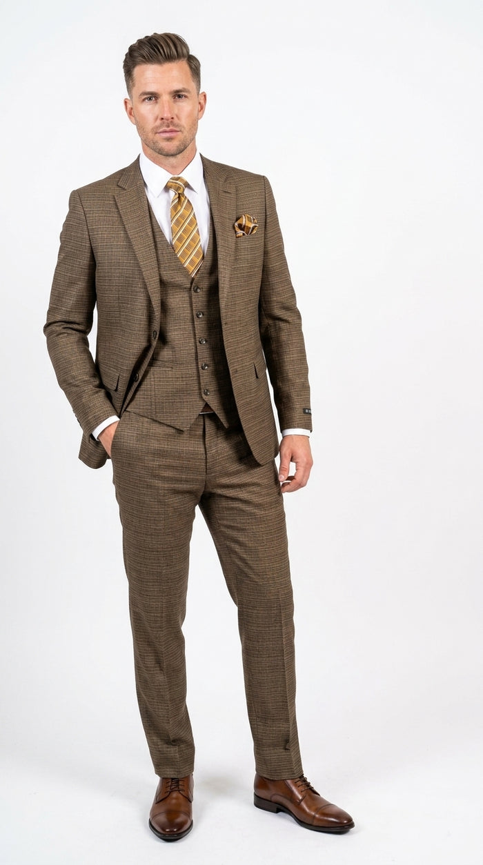 Men's Great Gatsby Brown Checker Plaid Texture 3-Piece Suit – Classic Fit Business, Wedding & Formal Suit Set - Victorian style 1920s