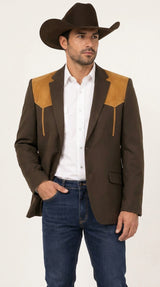 Men’s Chocolate Brown Western Blazer – Cowboy Sport Coat with Tan Suede Yoke for Rodeo & Country Wear