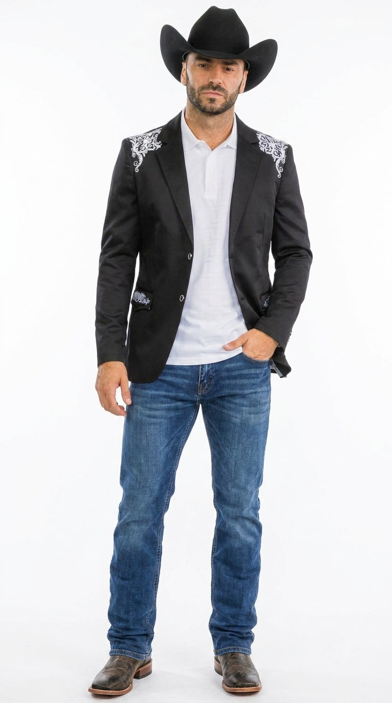 Men’s Black & White Western Blazer – Cowboy Sport Coat with Embroidered Shoulder & Back Design