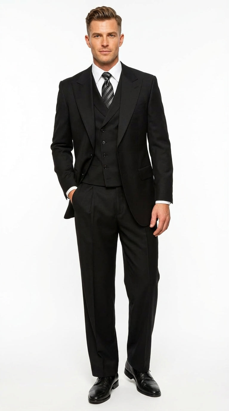 Tiglio Mens Black 3 Piece Suit – Single Button Classic Fit Pleated Wide Leg Pants Formal Business Chruch Suit - 100% Wool