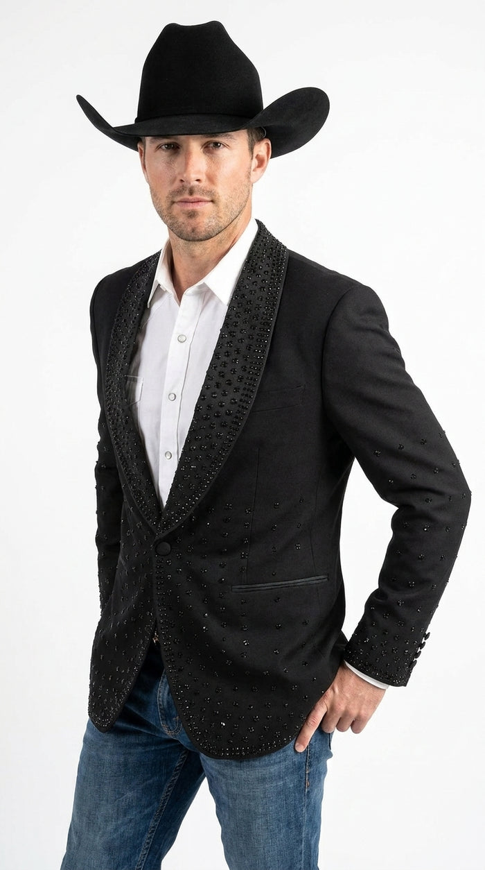 Men’s Black Western Blazer – Cowboy Tuxedo Jacket with Studded Shawl Collar with Glitter Lapel Rhinestone Lapel