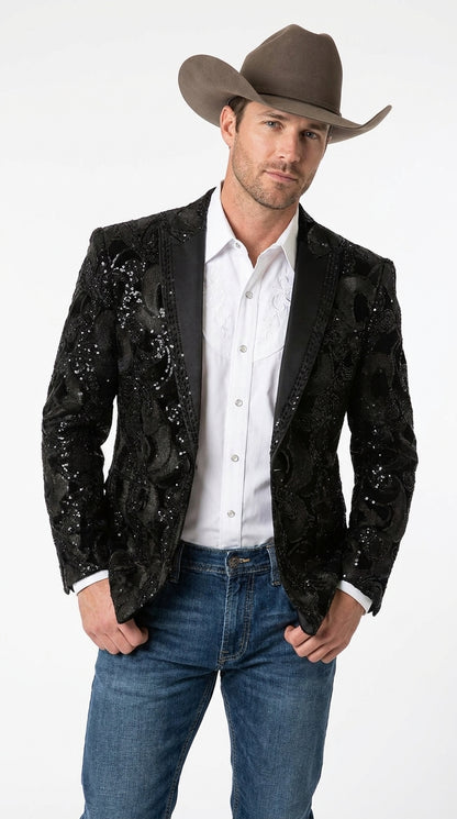 Men’s Black Sequin Western Blazer – Embroidered Cowboy Tuxedo Jacket with Rhinestone Lapels