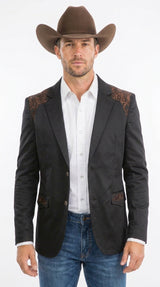Men’s Black & Brown Western Blazer – Cowboy Sport Coat with Brown Embroidered Shoulder & Back Design