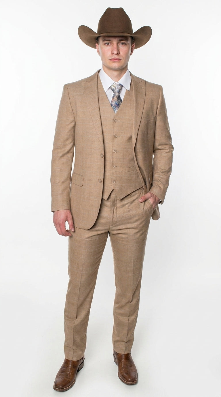 Men’s Khaki Tan Plaid Western Cowboy 3-Piece Suit – Texture Plaid windowpane Blazer, Vest & Pants