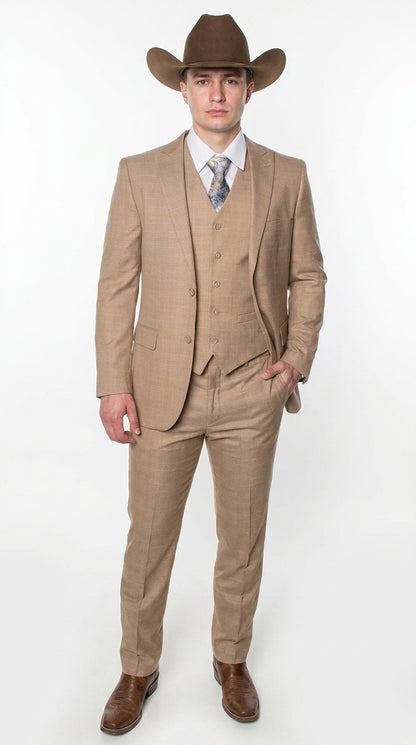 Men’s Khaki Tan Plaid Western Cowboy 3-Piece Suit – Texture Plaid windowpane Blazer, Vest & Pants