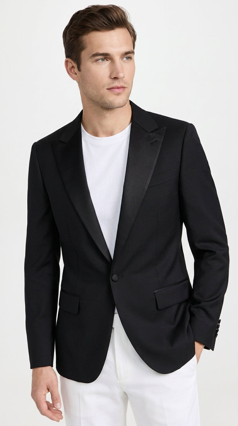 Men’s Classic Black Dinner Jacket – Satin Peak Lapel Formal Tuxedo Blazer