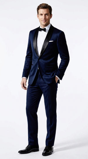 Men’s James Bond Inspired Navy Blue Tuxedo – Black Shawl Lapel Wedding & Prom Suit