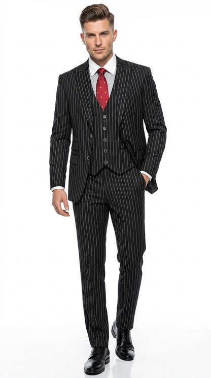 Men’s Black Skeleton Bone Pinstripe 3 Piece Suit – Gangster Style Striped Suit with Vest