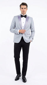 Men’s Silver Grey Dinner Jacket with Black Pants – Formal Wedding Prom Tuxedo Blazer Outfit Suit