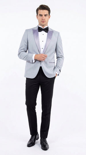 Men’s Silver Grey Dinner Jacket with Black Pants – Formal Wedding Prom Tuxedo Blazer Outfit Suit