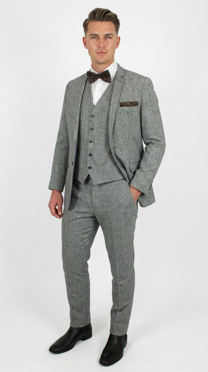 Men’s Edwardian Grey 3-Piece Suit – Dickens Downton Abbey Victorian Vintage Tweed Suit