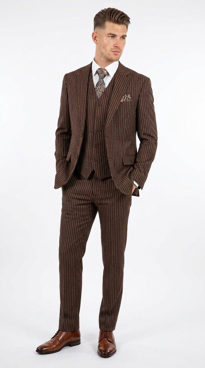 Men’s Brown Pinstripe Edwardian 3 Piece Suit – Vintage Victorian Wedding Suit with Vest