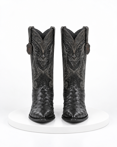 Los Altos Men’s Black Ostrich Pointed Toe Cowboy Boots, 1.5 Inch Walking Heel Botas De Avestruz