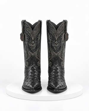 Los Altos Men’s Black Ostrich Pointed Toe Cowboy Boots, 1.5 Inch Walking Heel Botas De Avestruz