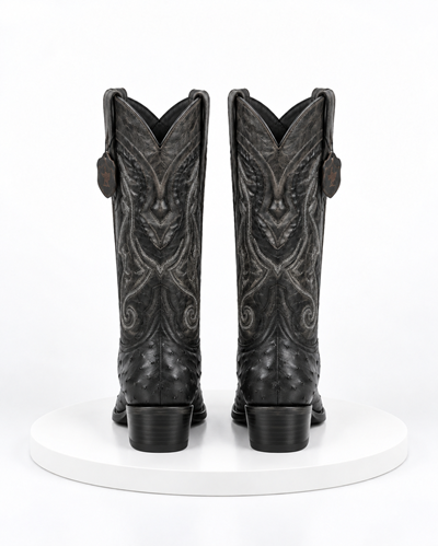 Los Altos Men’s Black Ostrich Pointed Toe Cowboy Boots, 1.5 Inch Walking Heel Botas De Avestruz