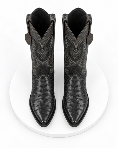 Los Altos Men’s Black Ostrich Pointed Toe Cowboy Boots, 1.5 Inch Walking Heel Botas De Avestruz